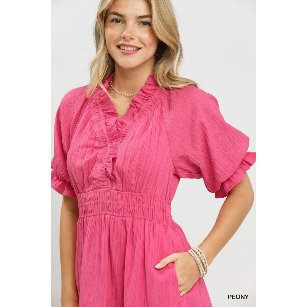 Umgee Ruffle V-Neck Midi Dress - Peony - Small - Picture 4 of 5